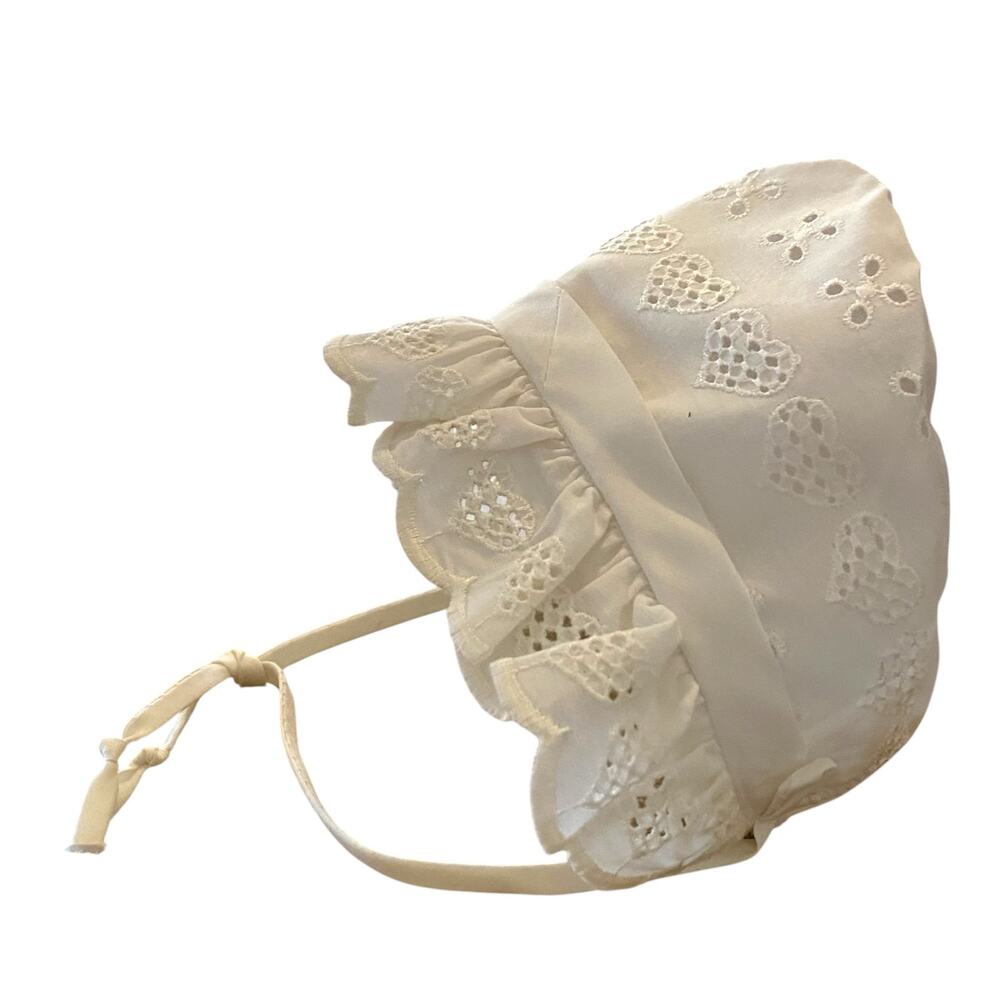 White Eyelet Heart Cutwork Baby Bonnet Lined Ruffle Trim Newborn Large